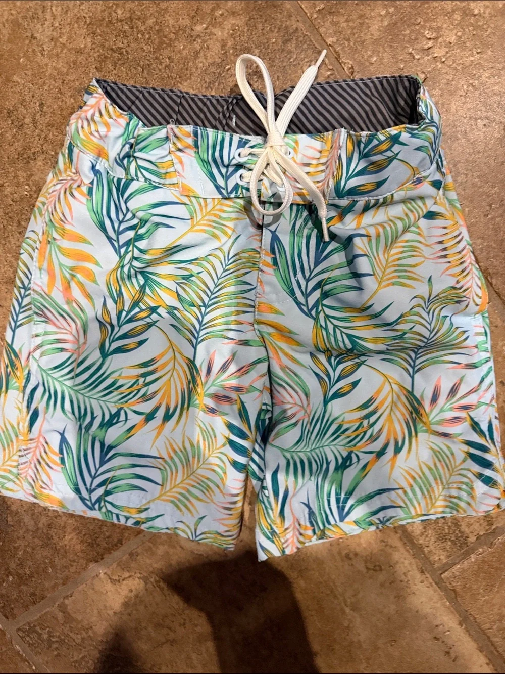art class Boys Tropical Palm Swim Trunks - White with Green & Yellow